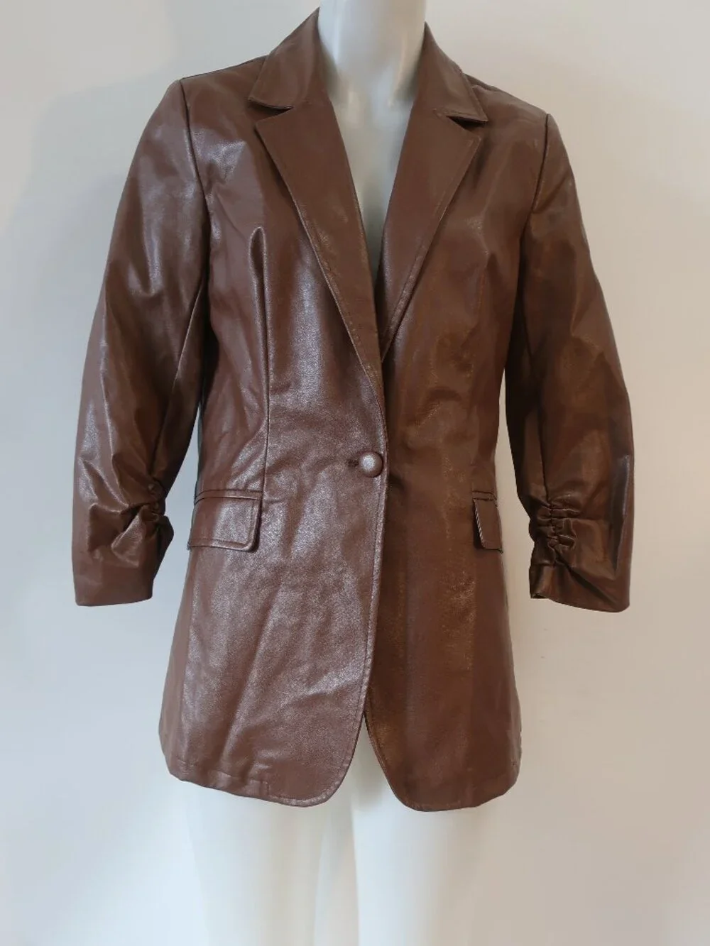 NWT Womens Six/Fifty Brown (Item-307) PU Faux Leather Vienna Oversized Blazer XS